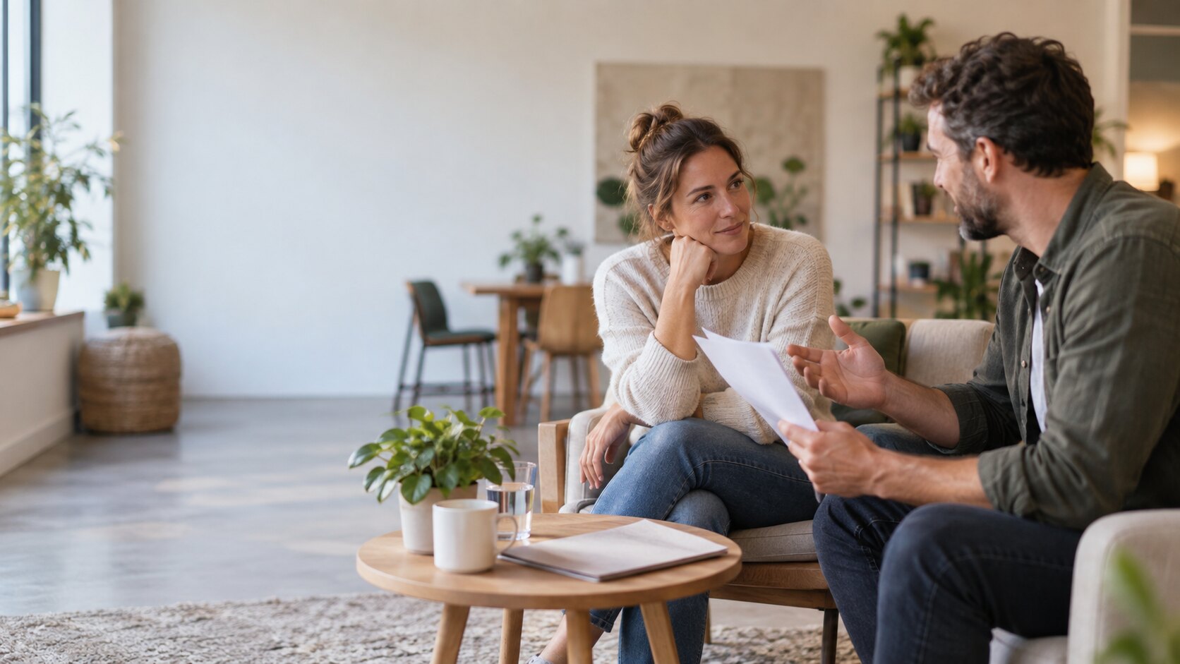 Twee mensen voeren een rustig en gelijkwaardig gesprek met een document erbij